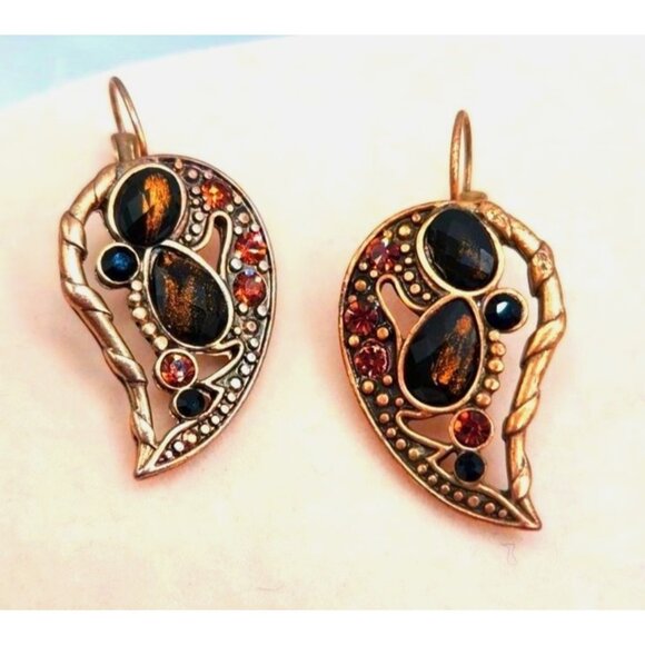 Jewelry - Lever Back Gold Tone Earrings With Brown, Tan Stone Accents, Tear Drop Shape